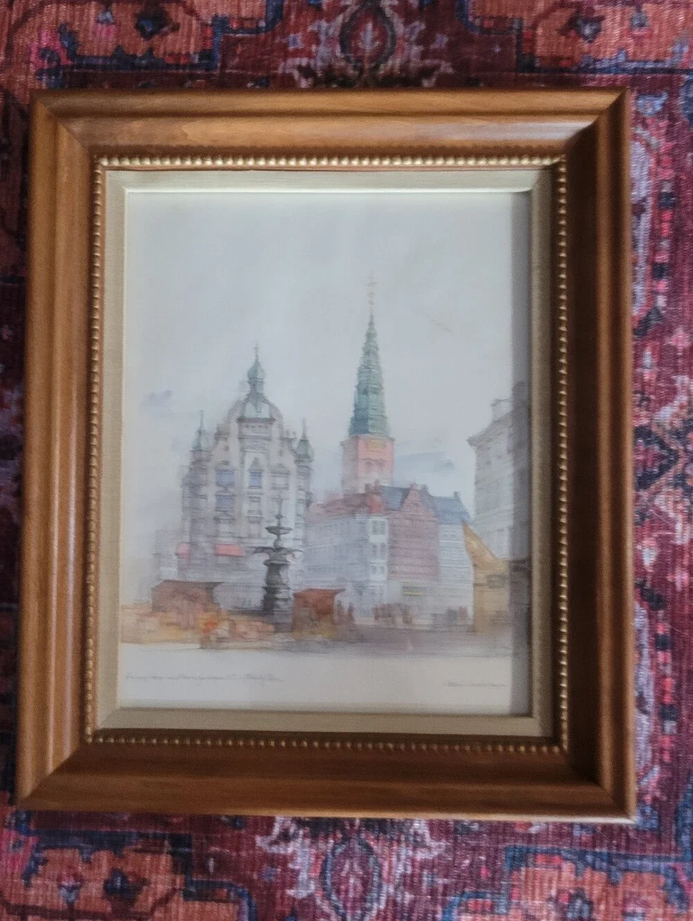 Mid-Century Danish Artist Mads Stage Copenhagen Cityscape Watercolor Print Frame